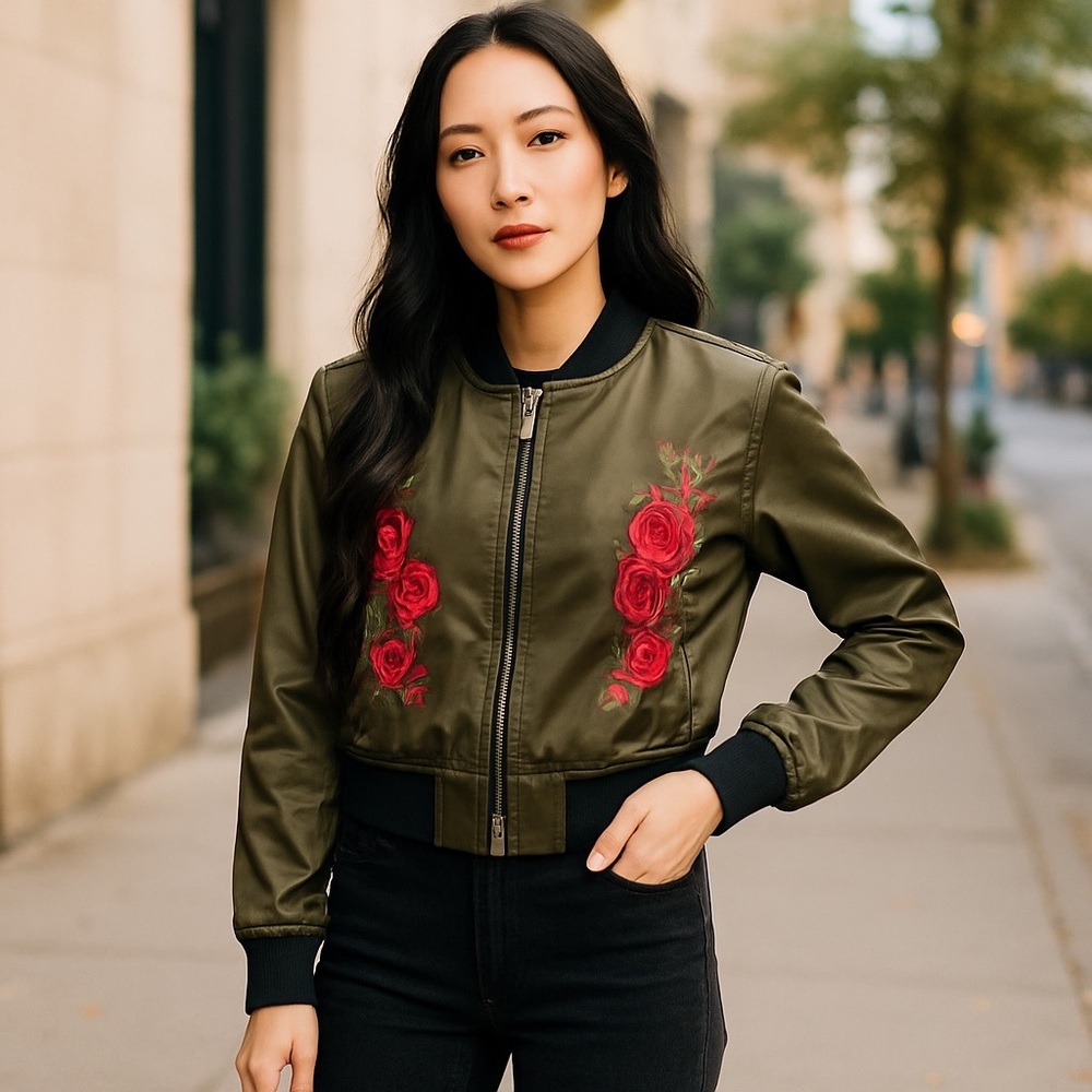 Emory Park Women's Jacket Embroidered Flowers Olive Green Full Zip‎ S Silky